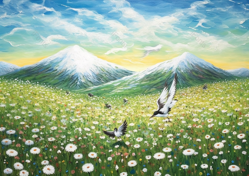 鸟在春天草地鲜花盛开的田野背景,插画/手绘图,插画/手绘图库,插画/手绘图下载,插画/手绘
